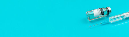 Banner with coronavirus vaccine vial and medical syringe, copy space and flat lay background