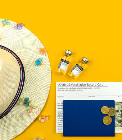 Vacation during coronavirus pandemic concept with vaccine vials and vaccination record card, top view, safe travelの写真素材