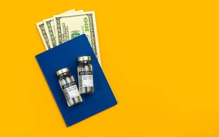 Travel being vaccinated concept flat lay background with vaccine vials, passport and money, top viewの写真素材
