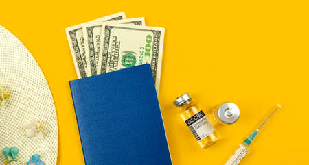 Full set for travels during coronavirus pandemic, safe travel concept background, summer vacation with vaccination, top view and flat layの写真素材