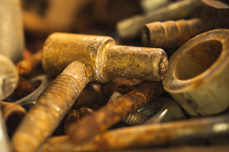 A set of rusty and unusable old tools found in barnの写真素材