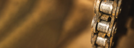 Old and worn chain links for a motorbike close up banner with place for text, cause of breakage concept photoの写真素材