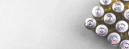 Development and manufacture process of covid-19 vaccine, coronavirus vaccine vials on the white table background, banner with copy space, top viewの写真素材