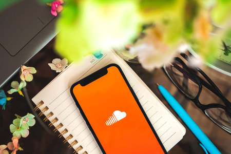 Kharkov, Ukraine - April 27, 2021: Soundcloud music applicatiton logo on the screen close-up photo