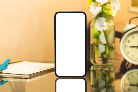 Smartphone screen mockup home interior concept on glass table with reflection, template with blank...