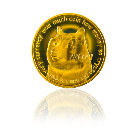 Dogecoin close-up with reflection isolated on white background, crypto currency coin on the glass...