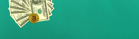 Exchange bitcoin cash for a dollars, banner background, cryptocurrency on US dollar bills, digital...