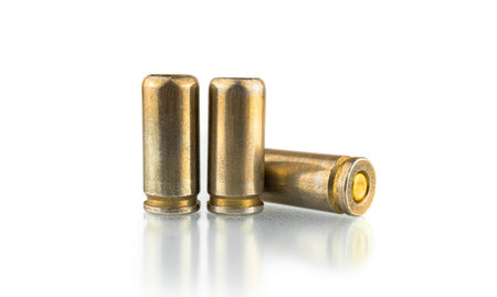 Pistol bullets isolated on white background, 9mm shells for gun