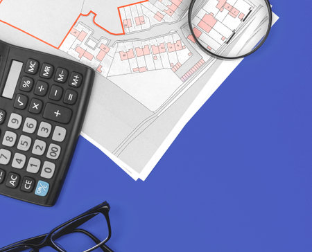 Real estate flat lay workspace background, mortgage and searching land for sale concept, top view