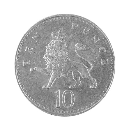 Ten 10 penny pence coin Great Britain 1992 money isolated on a white background