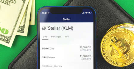 Stellar XLM crypto currency banner, business and finance background, trade and exchange cryptocurrencies, top viewの写真素材