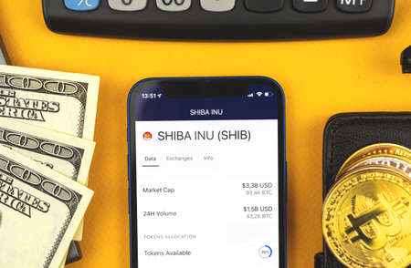 SHINA INU canine crypto currency coin, online banking, trade and exchange crypto currency, virtual money concept, business workspace background, top viewの写真素材