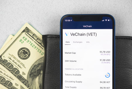 VeChain VET logo symbol of cryptocurrency close-up displayed on the screen, online banking with virtual money, digital technology and blockchain background photoの写真素材