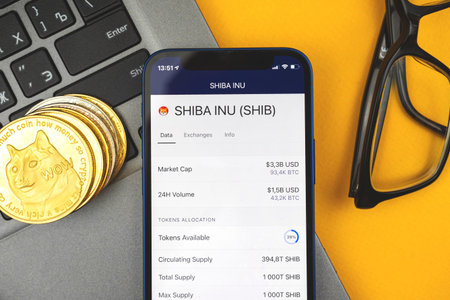 SHIBA INU crypto currency on the screen of mobile phone, dogecoin golden coin new virtual money,...