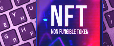 Modern NFT tokens banner background in purple colors, logo close-up displayed on the screen, future of cryptoart conceptの写真素材