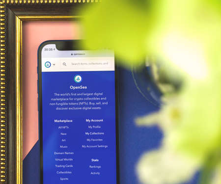 Kharkov, Ukraine - May 27, 2021: Opensea.io icon of NFT marketplace website, close up photoのeditorial素材
