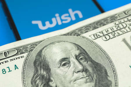 Kharkov, Ukraine - May 28, 2021: Wish app logo close-up, online shopping application on the mobile phoneのeditorial素材
