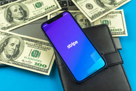 Kharkov, Ukraine - May 28, 2021: Stripe app Irish-American financial services and software application, logo on the screen of the mobile phoneのeditorial素材