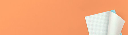 Banner with opened school checkered notebook on flat peach office table desktop background, copy...