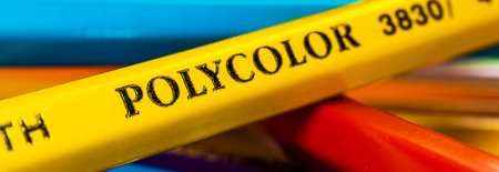 Kharkov, Ukraine - June 15, 2021: Polycolor drawing pencils logo close upのeditorial素材