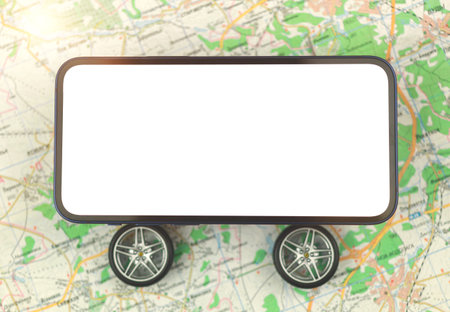 Car sharing and car rental mobile app concept, mobile phone with wheels mockup blank white screen on...
