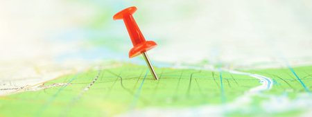Location marking with red pin on map, travel and journey concept banner
