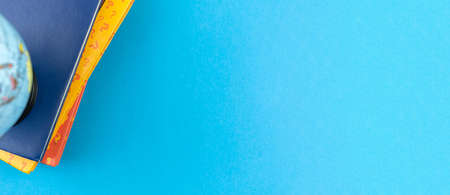 Geography lessons banner or template background with blue table and copy space, top viewの写真素材