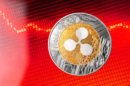Fall of Ripple XMR cost and value price, cryptocurrency crisis concept, red down arrow and stock chart graphs on the backgroundの写真素材