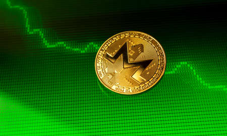 Virtual money capitalization rise concept, monero coin crypto currency on green stock chart background photoの写真素材
