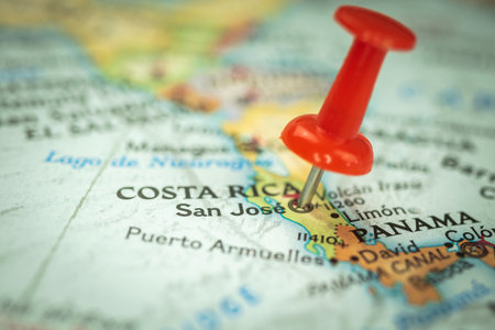 Location San Jose city in Costa Rica, red push pin on the travel map, marker and point closeup, tourism and trip concept, North Americaの写真素材