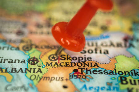 Location Macedonia and Skopie city, push pin on map closeup, marker of destination for travel, tourism and trip concept, Europeの写真素材