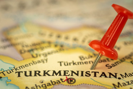 Location Turkmenistan, travel map with push pin point marker closeup, Asia journey concept