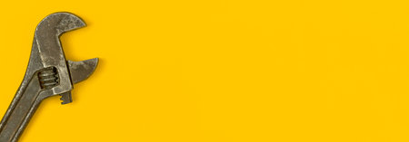 Construction tool flat lay banner background, yellow office table, top view with copy space photo