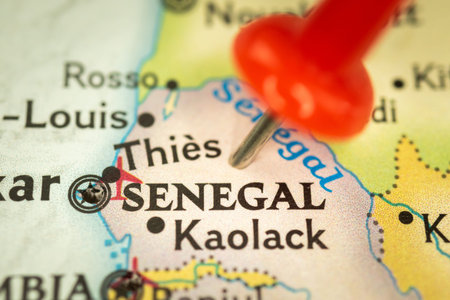 Location Senegal and Kaolack, map with push pin closeup, travel and journey concept with marker,...