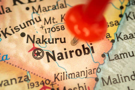 Location Nairobi in Kenya, map with push pin closeup, travel and journey concept with marker, Africaの写真素材