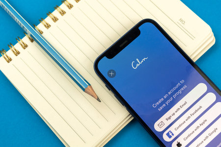 Kharkov, Ukraine - July 2, 2021: calm Yoga pplication title screen photoのeditorial素材