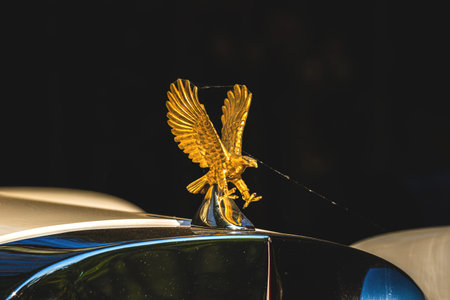 Kharkov, Ukaine - July 9, 2021: Lanchester vintage classic car logo emblem with bird closeup