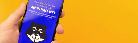 Anon Inu NFT non fungible token banner, man using mobile phone, yellow background photo with copy spaceのeditorial素材