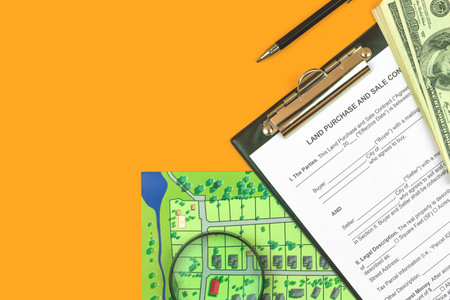 Land sale agreement form and clipboard. Office desktop with real estate house papers, top view