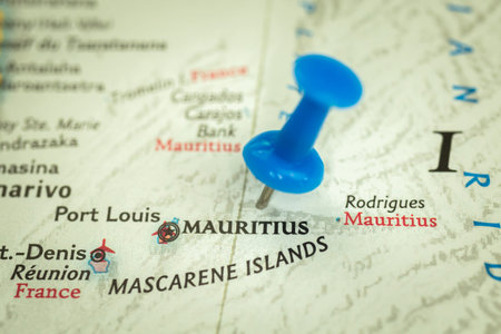 Location Mauritius islands, map with push pin closeup, travel and journey concept with marker,...