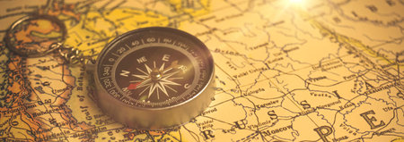 Old compass on a world map, retro banner background for exploration and navigation theme, copy space...
