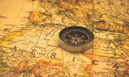 Antique compass on vintage africa travel map, exploration and navigation concept background