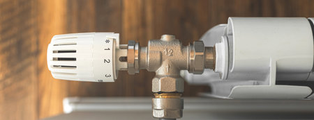 Radiator heating controller banner closeup in modern wooden interior