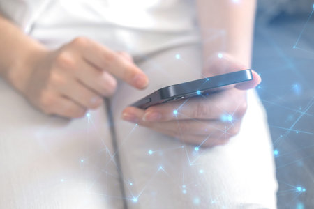 Technology networking concept, woman using smartphone with abstract polygonal wireframe and searcing...
