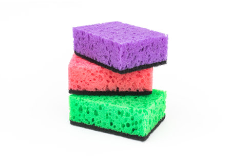 Clean colorful kitchen sponges on white isolated backgroundの写真素材