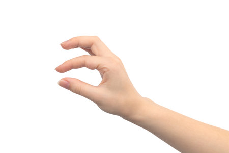 Hand gesture showing size, isolated on a white background, young female hand close-upの写真素材