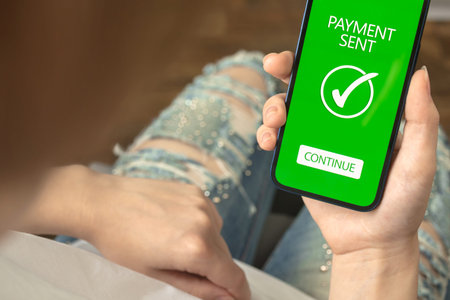Online payment concept, payment sent screen, woman suing smartphone and using online banking...