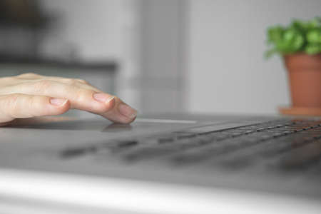 Hand and laptop keyboard close-up. Businesswoman or student using computer at home. Online learning or internet marketing, freelance workspace concept backgroundの写真素材