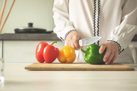 Chef slicing sweet pepper on wooden board, modern kitchen background. Woman chef cooking with ripe vegetable. healthy food conceptの写真素材
