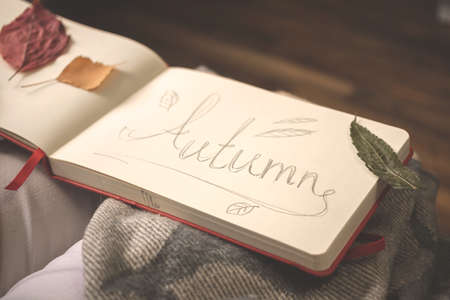 Autumn hand written word in notebook. Cozy autumn days background photoの写真素材